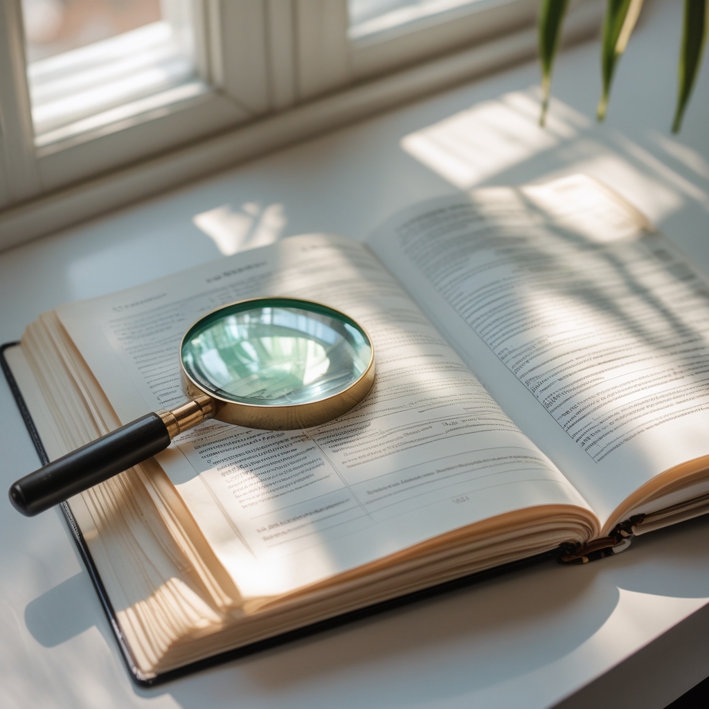 Close-up of an open scientific journal on a clean white desk, partially annotated with pencil marks, a magnifying glass resting on the page, soft natural light from a nearby window, calm intellectual atmosphere