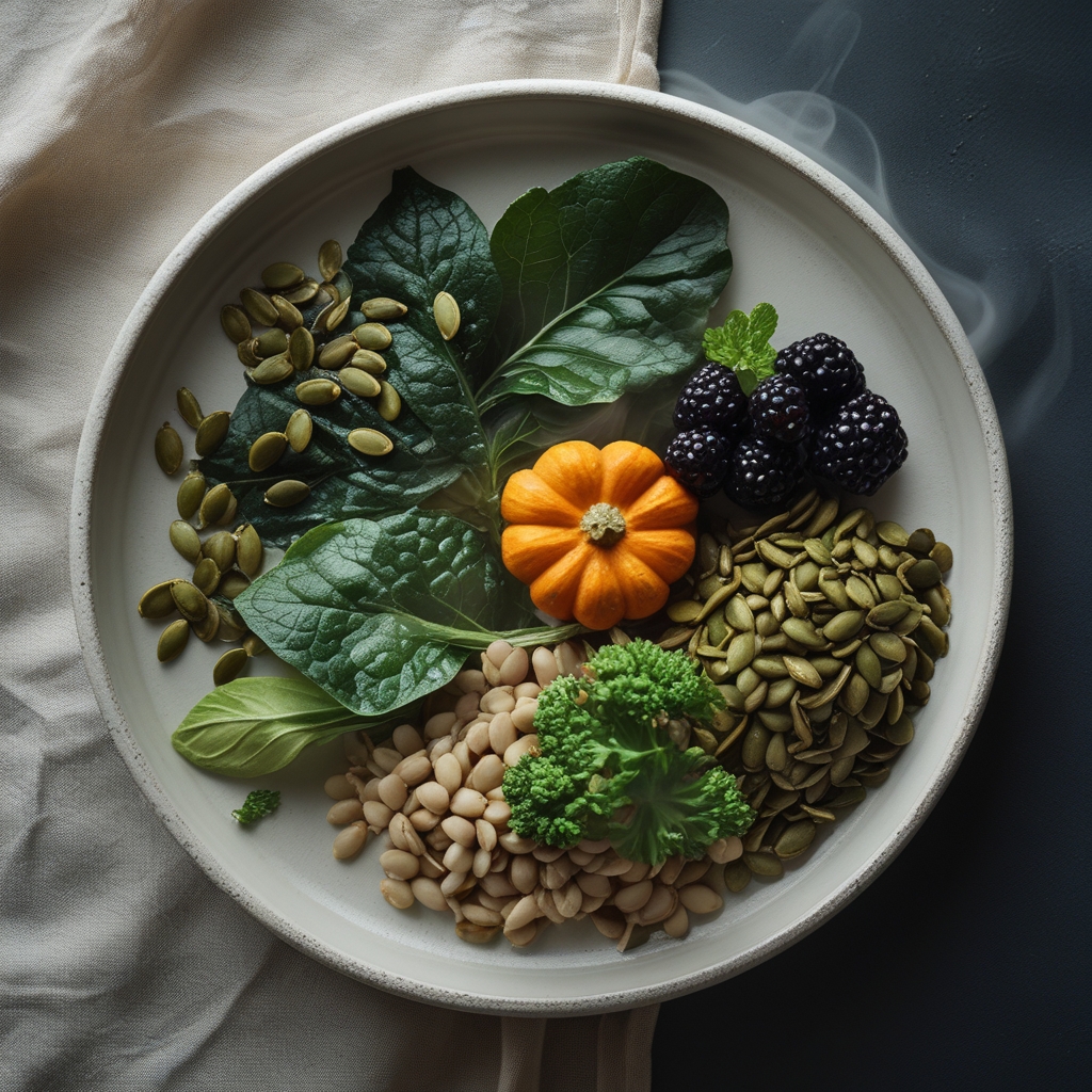 Artistic arrangement of mineral-rich natural foods on a white ceramic plate: dark leafy greens, whole pumpkin seeds, legumes, and a small cluster of dark berries, softly lit from above against a pale linen background