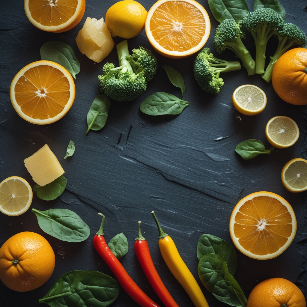 Arrangement of colourful fresh fruits and vegetables on a dark slate surface: halved oranges, green broccoli florets, yellow bell peppers, and leafy spinach, natural bright daylight from the side