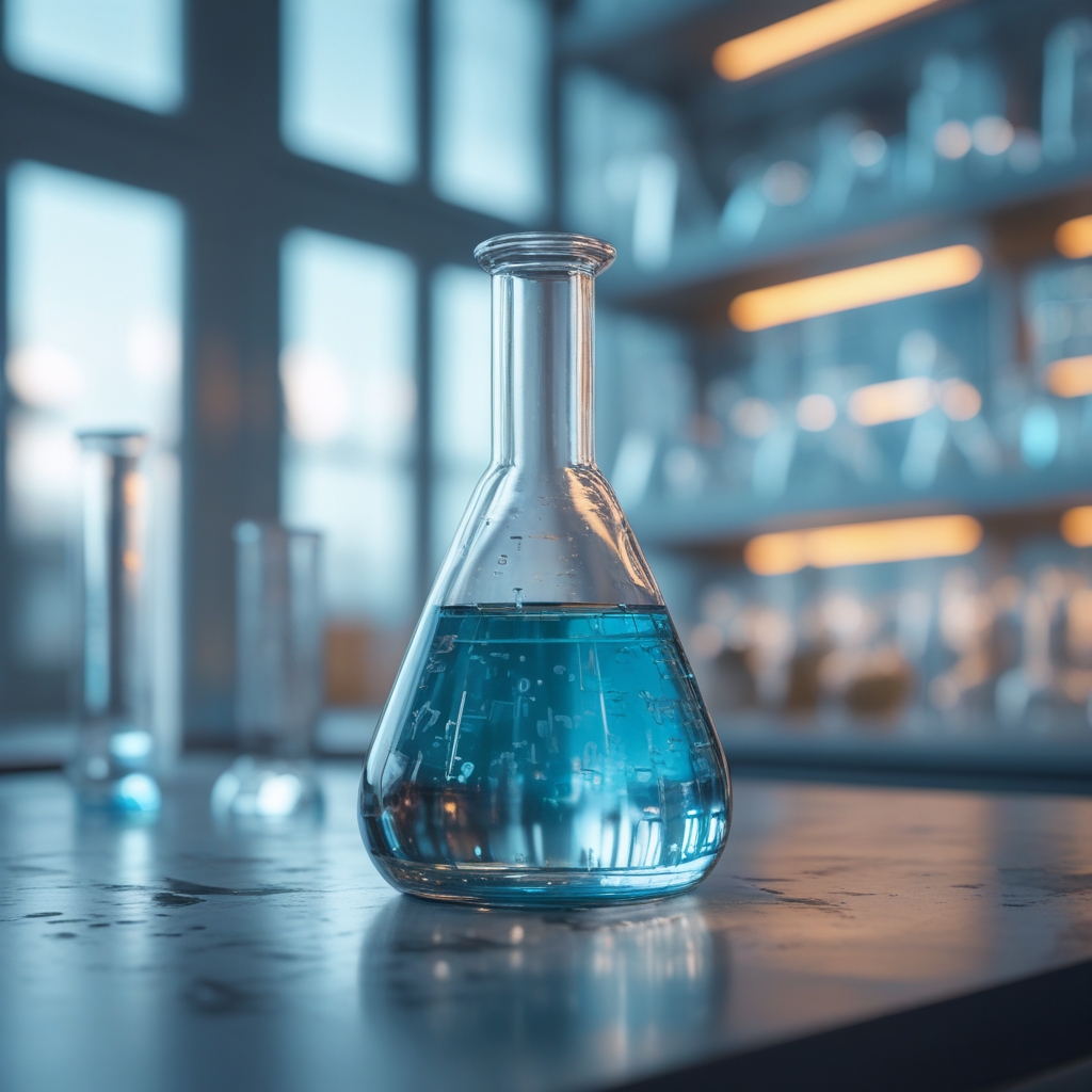 Abstract close-up of a glass scientific flask with a clear blue-tinted liquid on a laboratory bench, soft bokeh background with blurred shelves of scientific glassware, cool clinical light with warm accent reflections